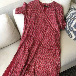 The Bombay Company Cotton Midi Dress, Slit Hem, Short Sleeves, Split Neck, XL